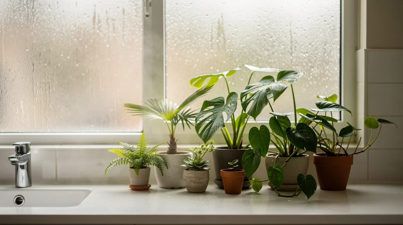 67c68a180c1e4722ac8061a68eb0d6a3 A collection of small tropical plants with lush foliage is arranged on a bathroom counter basking in bright indirect light from a frosted window The vibrant colors and exotic beauty of the tropical flowers create a humid microclimate enhancing the space with their striking presence