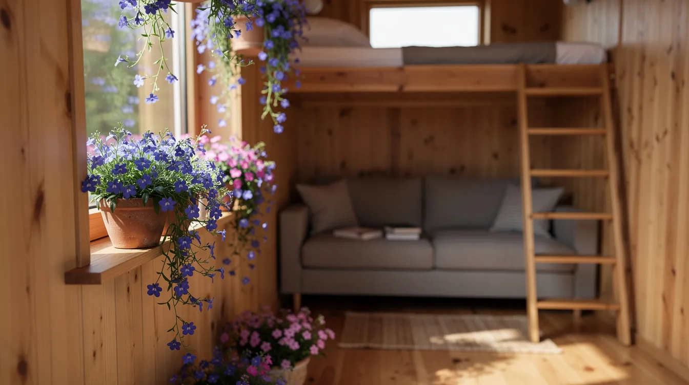 680f4db9b94b4a0fa2046b6cf22803e7 The image features vibrant lobelia flowers in various shades of blue purple and pink elegantly arranged in hanging baskets outside a charming tiny home The colorful blooms thrive in the partial shade enhancing the tiny house design and creating a delightful atmosphere that attracts butterflies and adds beauty to small spaces