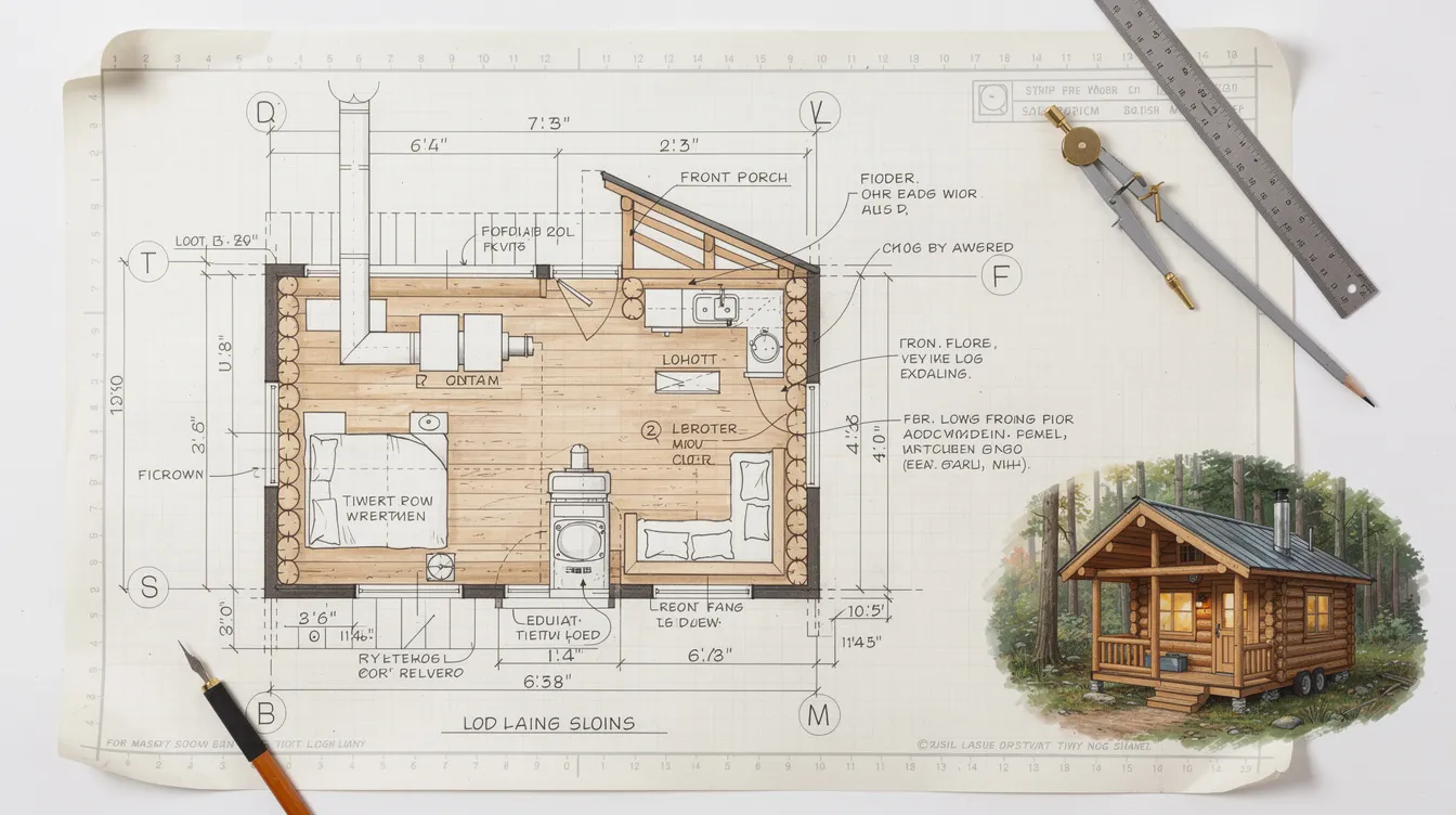 6b0a72572bdc4f1aa6600eb75d3db141 The image features a cozy tiny log cabin showcasing rustic house plans designed for natural surroundings with large windows allowing fresh mountain air to fill the space Key features include vaulted ceilings exposed beams and a covered porch creating a warm and inviting atmosphere perfect for a dream home in the countryside