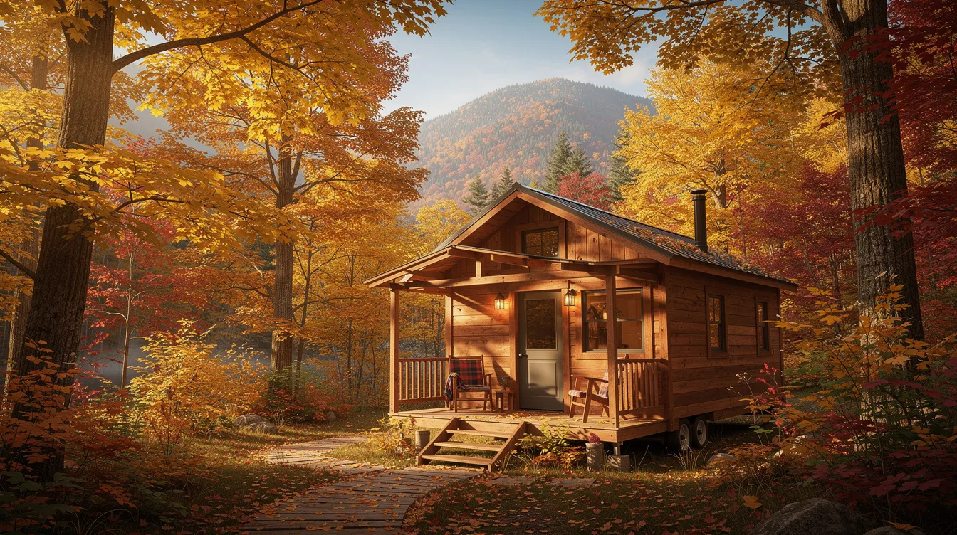 6ba1de453987492c87597781bcfcfb51 A cozy tiny home cabin nestled in the mountains is surrounded by vibrant fall foliage showcasing brilliant shades of golden and red leaves This picturesque setting captures the essence of the fall season making it a perfect spot for a fall getaway and enjoying the crisp autumn air