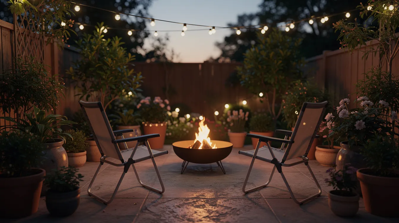 6becf8af1631431287c78446fb53f435 The image depicts a cozy outdoor living area at dusk featuring two folding chairs arranged around a small fire pit illuminated by warm string lights Tall potted plants and smaller plants surround the space creating a private oasis that enhances the tiny home aesthetic