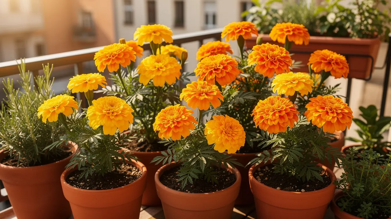 6c619067a6754a82a7f43d3414a34b87 A vibrant display of marigolds in full sun showcases their bright blooms perfect for container gardens or window boxes These heat loving annuals with their compact habit thrive in small pots adding color and pest repelling benefits to any garden setting