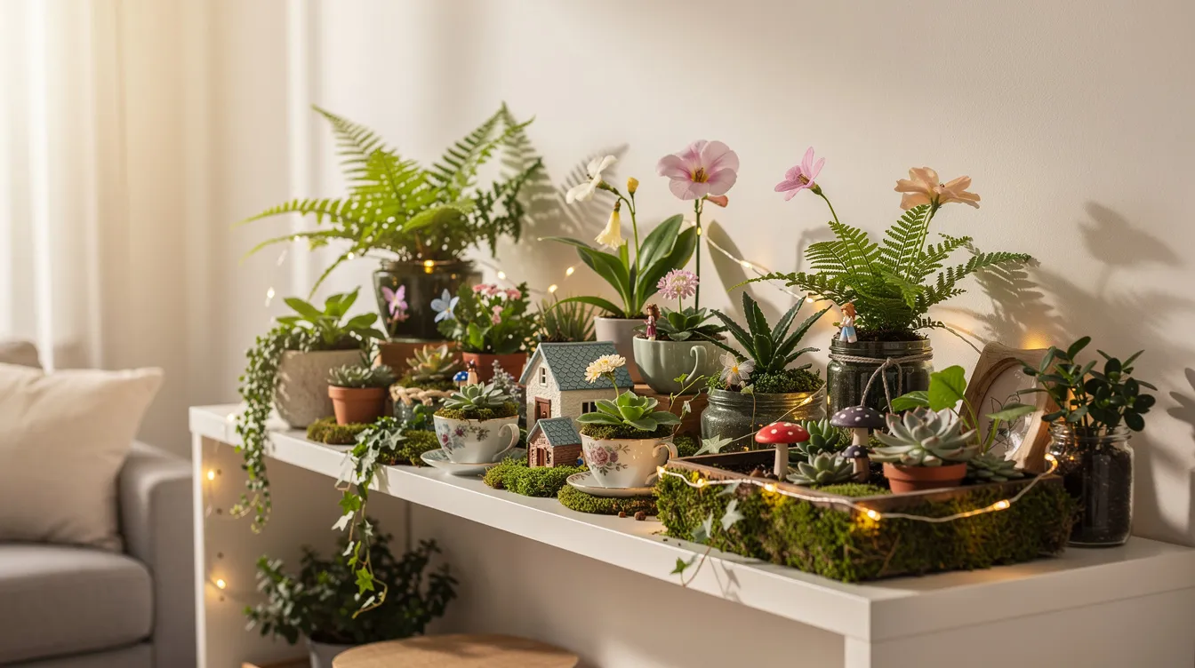 6d3078476d8342b699eaa102a9f5166b The image features a charming fairy garden filled with an assortment of miniature plants including tiny yellow and pink flowers dwarf conifers and lush Irish moss all nestled around whimsical fairy houses This delightful scene showcases the best fairy garden plants suitable for small homes creating a magical atmosphere for fairy friends to enjoy