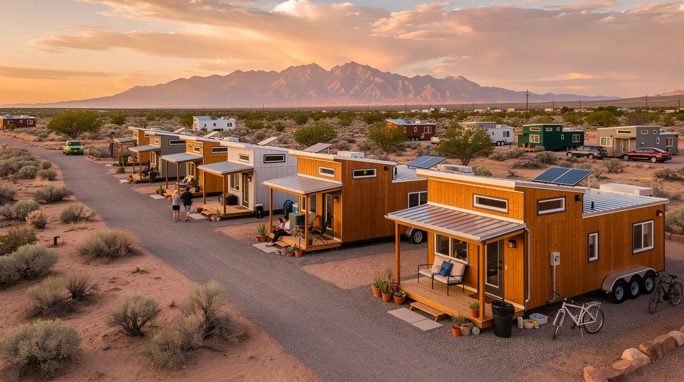 6d9e724abe1447fd939488f4ab1b42e9 The image depicts a vibrant tiny home village in Albuquerque featuring several colorful tiny homes designed for permanent supportive housing Residents engage in community activities around a communal garden showcasing a spirit of self sufficiency and support among villagers as they work towards independence