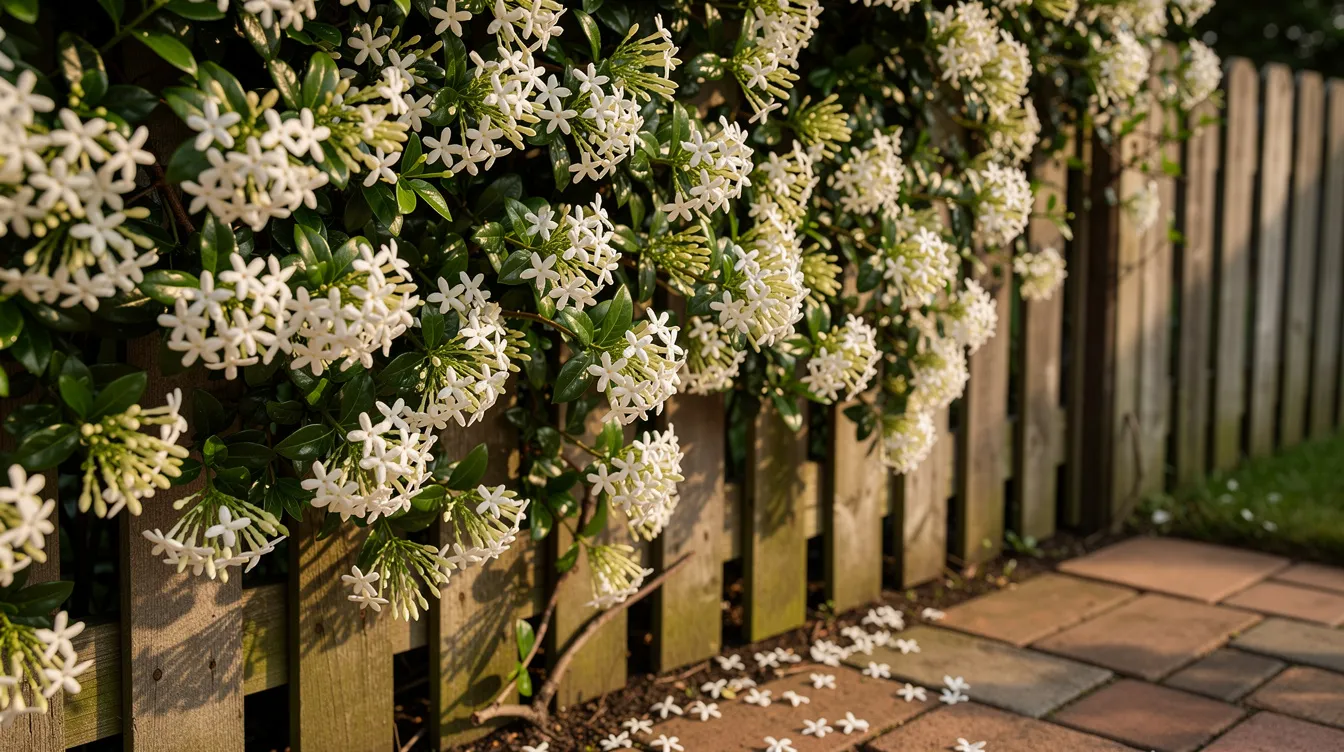 6ea6e3b2e1fc4ca4a186f744dd8fe3e2 A dense star jasmine vine adorned with creamy white flowers climbs along a wooden fence beside a cozy patio This vigorous grower thrives in partial shade adding a sweet fragrance to the outdoor space