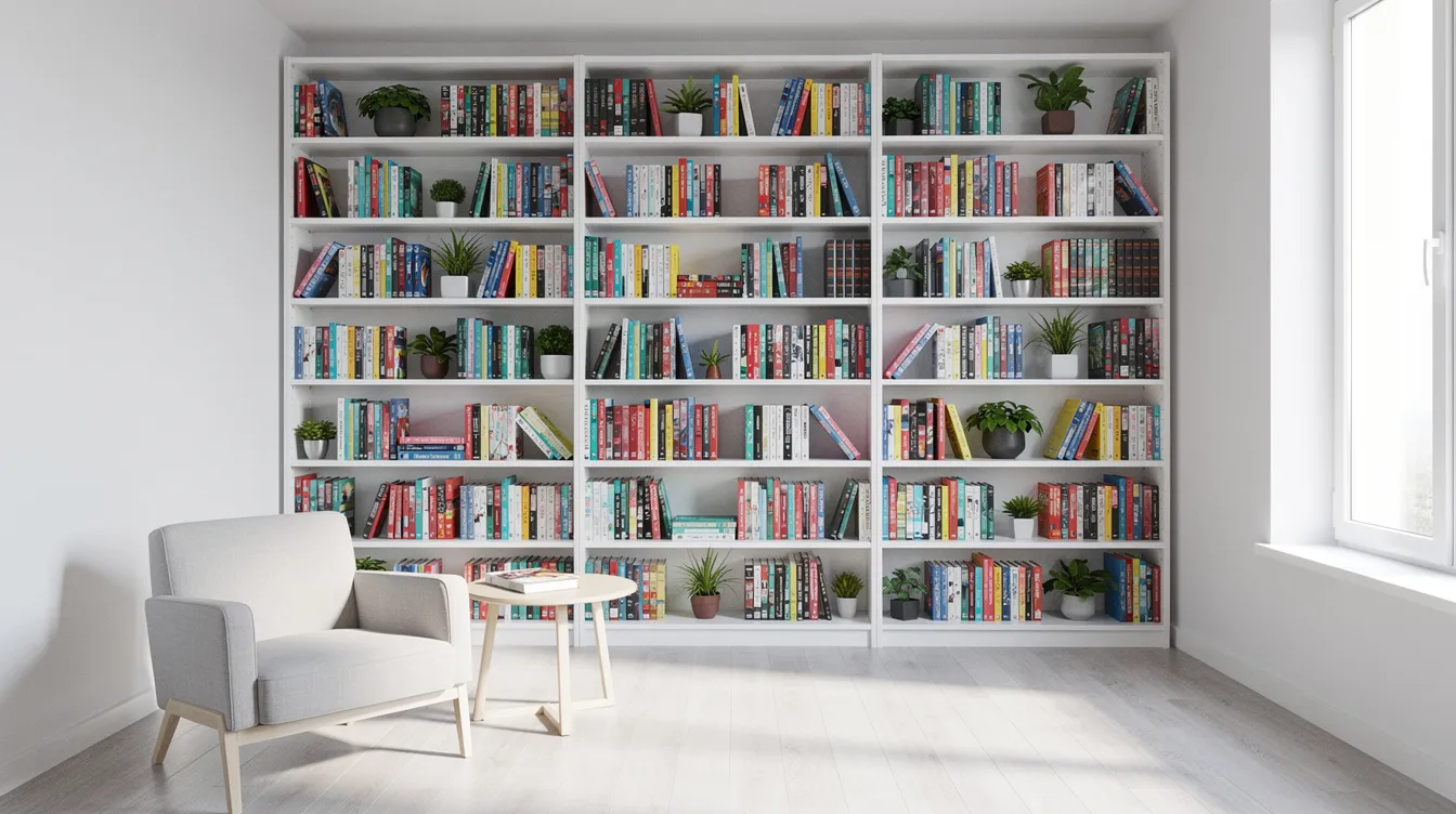6f93cc2254764dceaceb6cb85a6cc776 A small bright room features white floor to ceiling bookshelves filled with books and small plants along one wall creating a cozy yet open living space The airy atmosphere is enhanced by two windows making the most of the limited space while providing ample storage options