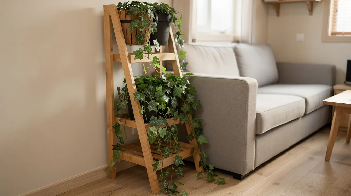 6fe734a714764f439e4f10264d14780a The image features a multi level plant ladder displaying various ivy plants including English ivy and needlepoint ivy with their lush dark green leaves cascading from the lower tiers while upright pots sit on the upper levels This tiered stand is ideal for tiny homes providing a stylish way to showcase miniature ivy varieties and keep your indoor garden organized during the winter months