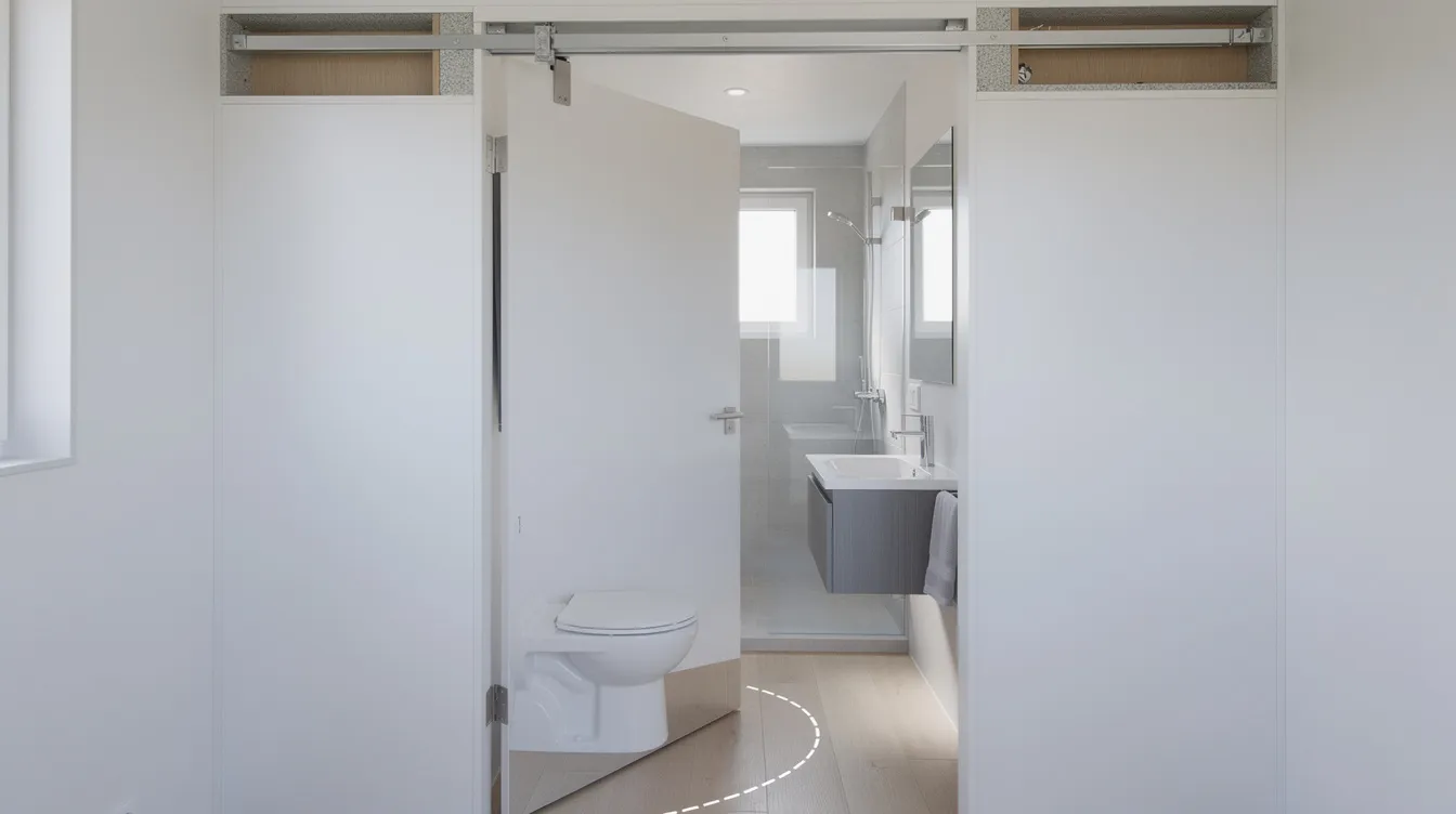 72d0dcfca79c40cb909f3deec293ba3e The image depicts a pocket door installation in a small bathroom showcasing how the door slides into the wall cavity to save space This design is ideal for tiny bathrooms as it prevents door swing interference with fixtures like the toilet and vanity creating a more functional and open layout