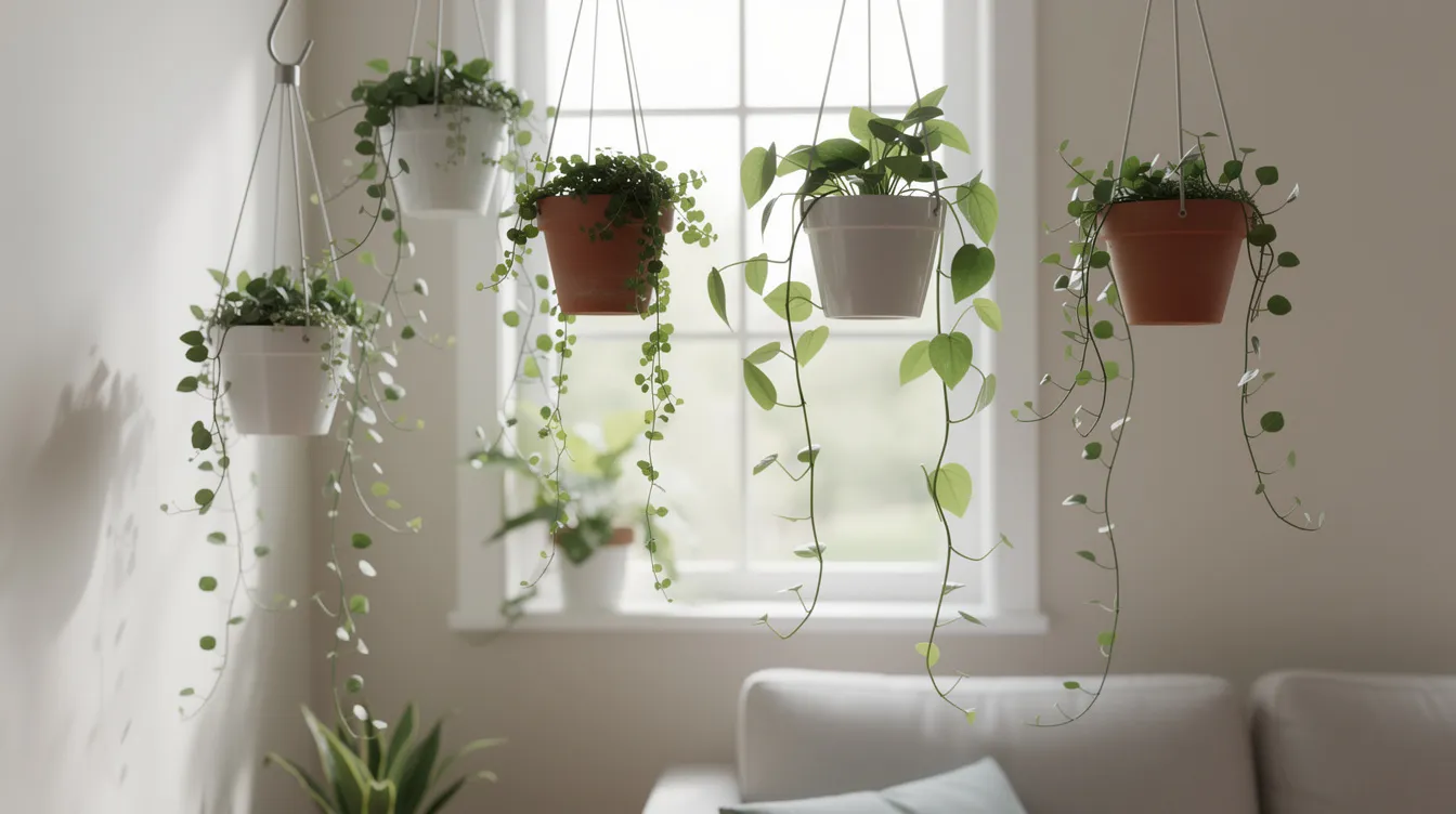 73334bd19dc348c3b64722b50c1a8588 The image features several small potted plants hanging from ceiling hooks in a bright compact living space with a window providing natural light behind them This setup exemplifies a DIY vertical garden showcasing an aesthetically pleasing way to grow plants indoors in limited space