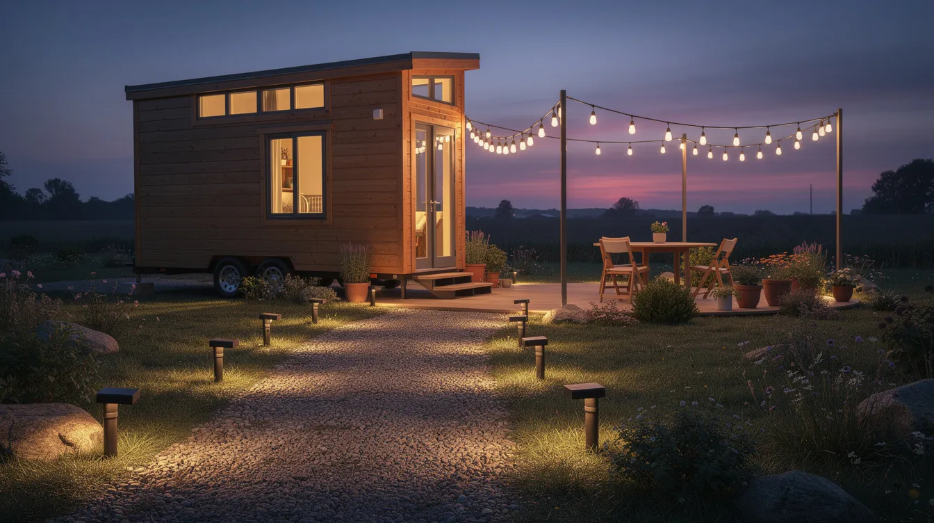 7475e022b03145cb8b49fe3ef6790dab A tiny house at twilight is illuminated by warm solar path lights along a gravel walkway leading to a cozy outdoor living area adorned with glowing string lights above a small patio Tall potted plants and smaller plants create a functional yard enhancing the tiny house aesthetic and making the space feel like a private oasis