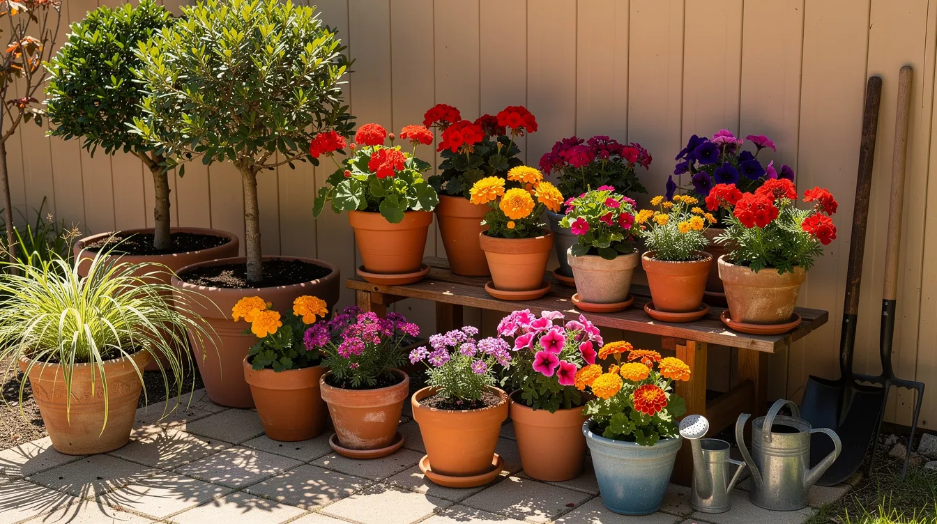749f3410dde14a18a0717c5bedf6bc28 The image shows a small garden filled with vibrant pot plants thriving in full sun featuring a variety of green foliage and colorful flowering plants The containers including large pots and window boxes showcase a mix of vigorous plants like sweet potato vines and coral bells creating a lively and inviting atmosphere