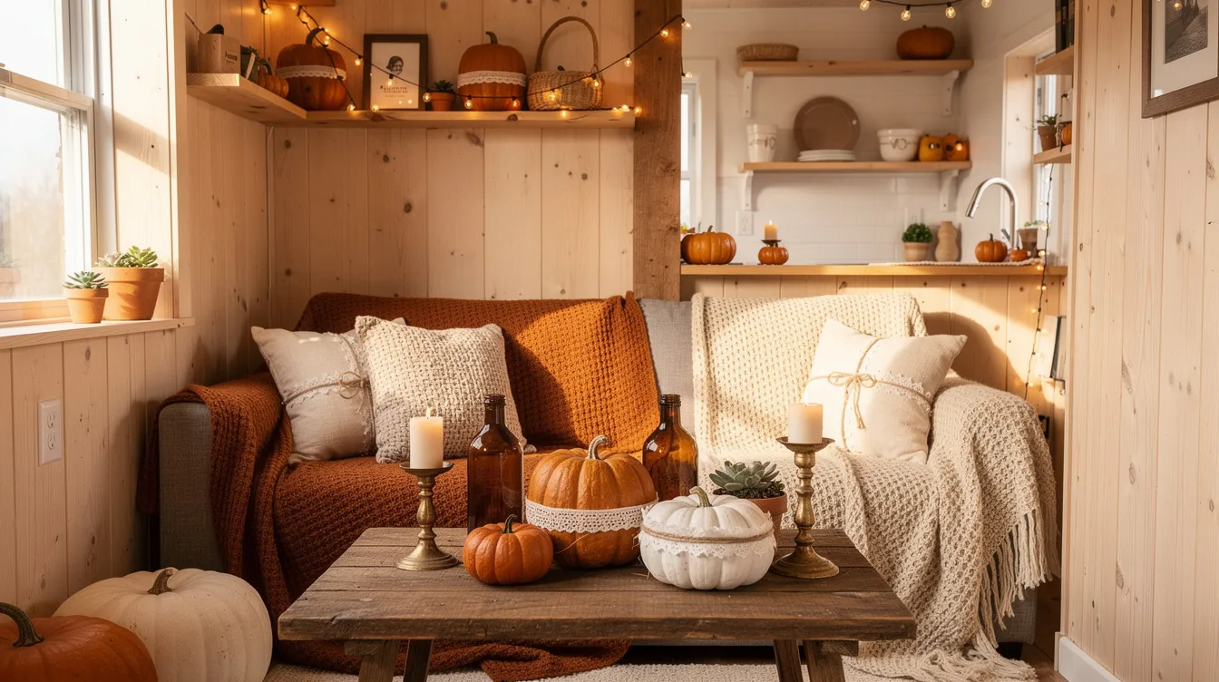 76eb5c9818ff4748bce89342ed818162 The image showcases a cozy corner of a tiny home adorned with rustic pumpkin decor featuring various sizes and textures of pumpkins arranged on a wooden table This charming display adds a warm autumnal touch to the space perfect for creating a welcoming atmosphere