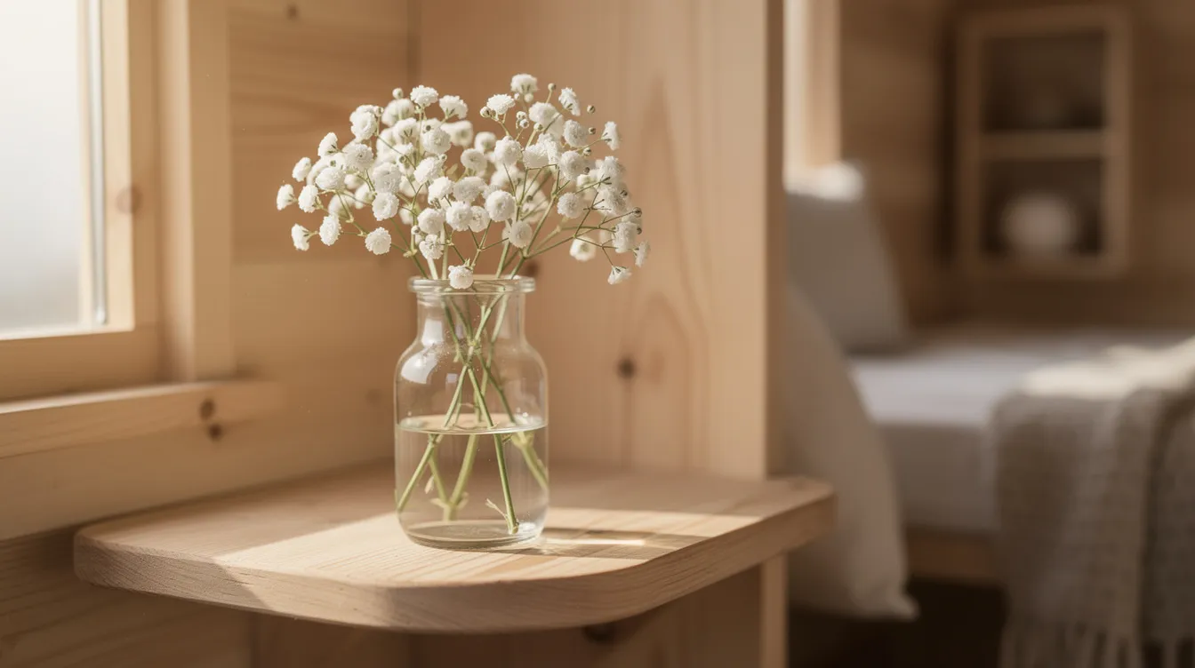 79df9ead875f47b2aedbee01bef360e6 A small glass vase filled with delicate baby's breath flowers sits on a wooden shelf, adding a touch of beauty to the cozy interior of a tiny home. The vibrant blooms contrast with the warm wood, creating a charming floral arrangement that enhances the tiny house design.