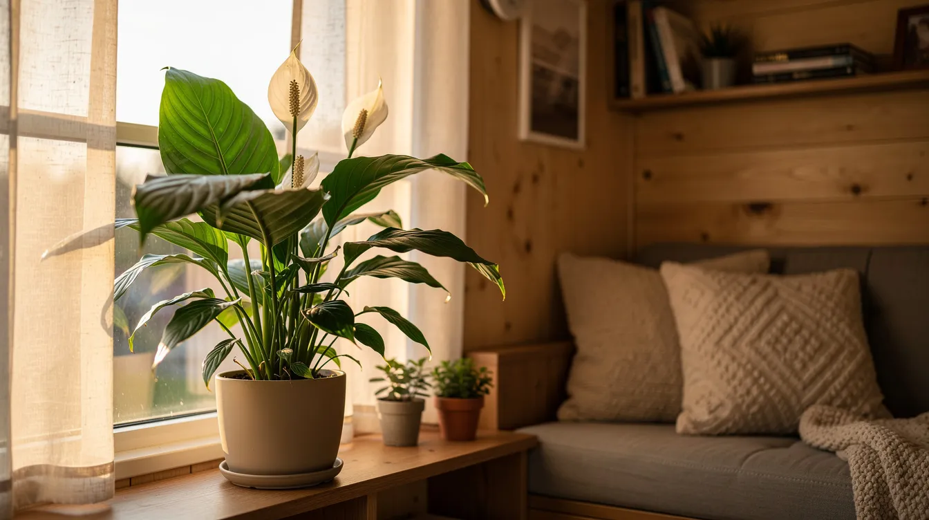7ad40aaa133b45289341ff3de01d9f34 A Peace Lily Spathiphyllum is elegantly displayed in a cozy tiny home showcasing its lush green leaves and delicate white flowers This low light tolerant plant thrives in the warm ambiance of the room making it an ideal choice for busy plant parents looking to brighten small spaces