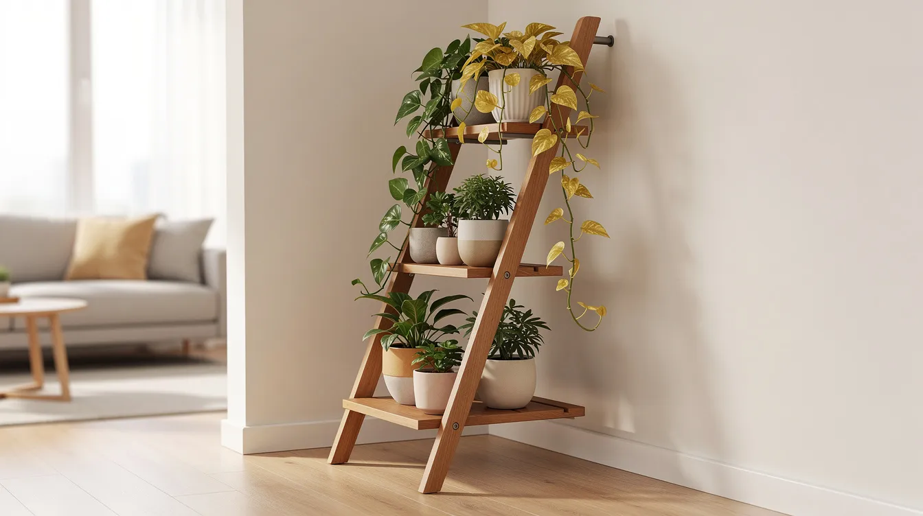 7ca5245d5bf746df910990668433459c The image features a corner ladder plant stand designed with an A frame structure that leans into the corner of a room showcasing three to five tiers for displaying pots Trailing plants like golden pothos and heartleaf philodendron are artistically arranged on the upper shelves cascading down to create a lush green touch in the living space perfect for small rooms and home decor
