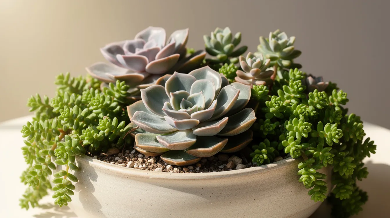 7d518b397fc945ff888df1649f7a304b The image features a variety of succulents including Sedum and Echeveria showcasing their thick green foliage that thrives in full sun and hot weather These drought tolerant plants add interest to container gardens with their unique textures instead of relying on vibrant blooms