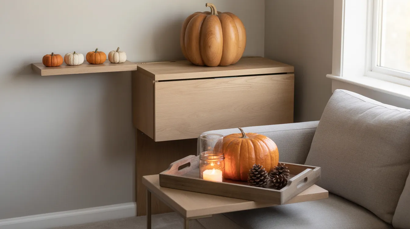 7d9e2869781b43b28c76546cc18a07d3 A stylish living area features a narrow floating shelf at eye level adorned with 3 5 mini pumpkins adding rustic charm without occupying floor space A carved wooden pumpkin serves as a focal point on a fold down desk while a shallow tray on an ottoman holds one pumpkin a mason jar candle and pinecones creating a cozy vignette that protects the decor from tipping