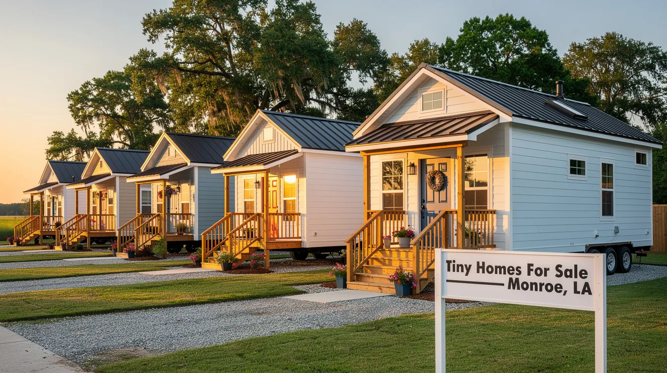 7f8a6583dddc475a94417695fb58b150 The image showcases a selection of tiny homes for sale in Monroe Louisiana featuring modern designs with large windows and loft spaces These manufactured homes offer quality living options for those looking to own a tiny home today