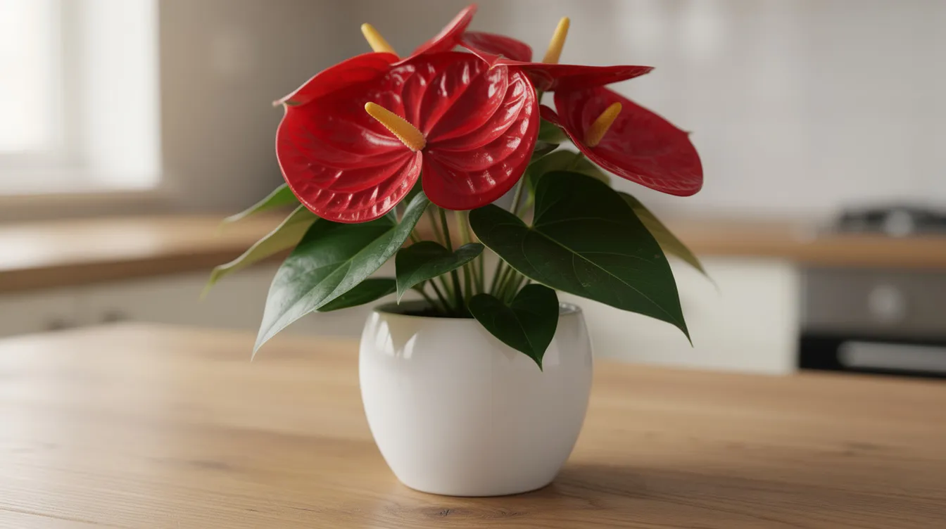 802d0a63f5c0492d9828cf29c9907daf A close up view of a glossy red anthurium plant also known as the flamingo flower is displayed in a small white ceramic pot on a wooden counter The plant features vibrant blooms and heart shaped dark green leaves showcasing its exotic beauty and making it a popular choice for tropical house plants