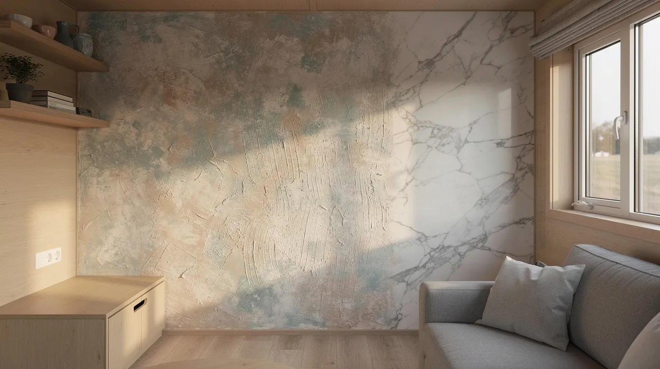 819062cde2be43e48aca712c235b4424 The image showcases a textured accent wall in a tiny home featuring sponge painting and rag rolling techniques that add depth and personality while cleverly disguising imperfections in the wall The use of light paint colors and soft blues creates a bright and inviting atmosphere enhancing the small space with stylish architectural details