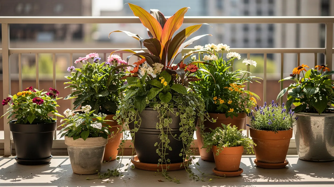 864de3b87fb243feb14faaa9575f0874 A small balcony garden features multiple container plants arranged using the thriller filler spiller planting method basking in bright sunlight The vibrant green foliage includes sweet potato vines and flowering plants creating a lively and colorful display perfect for full sun conditions