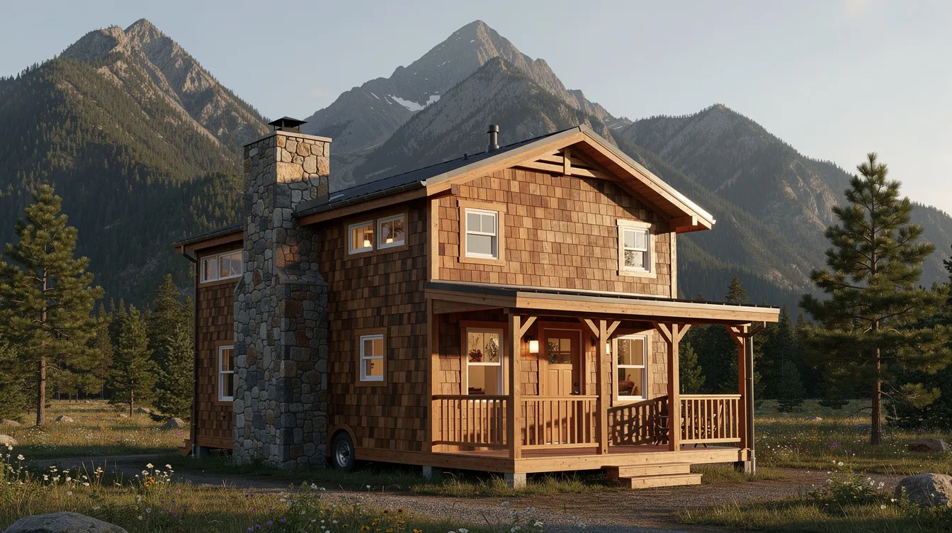 866027c3cc7a47a28045691a8fac9bc1 A charming two story rustic house features cedar shake siding a stone chimney and a cozy covered front porch all set against a stunning mountain backdrop embodying the beauty of rustic mountain house plans This design highlights natural materials and offers a warm inviting atmosphere perfect for enjoying fresh mountain air