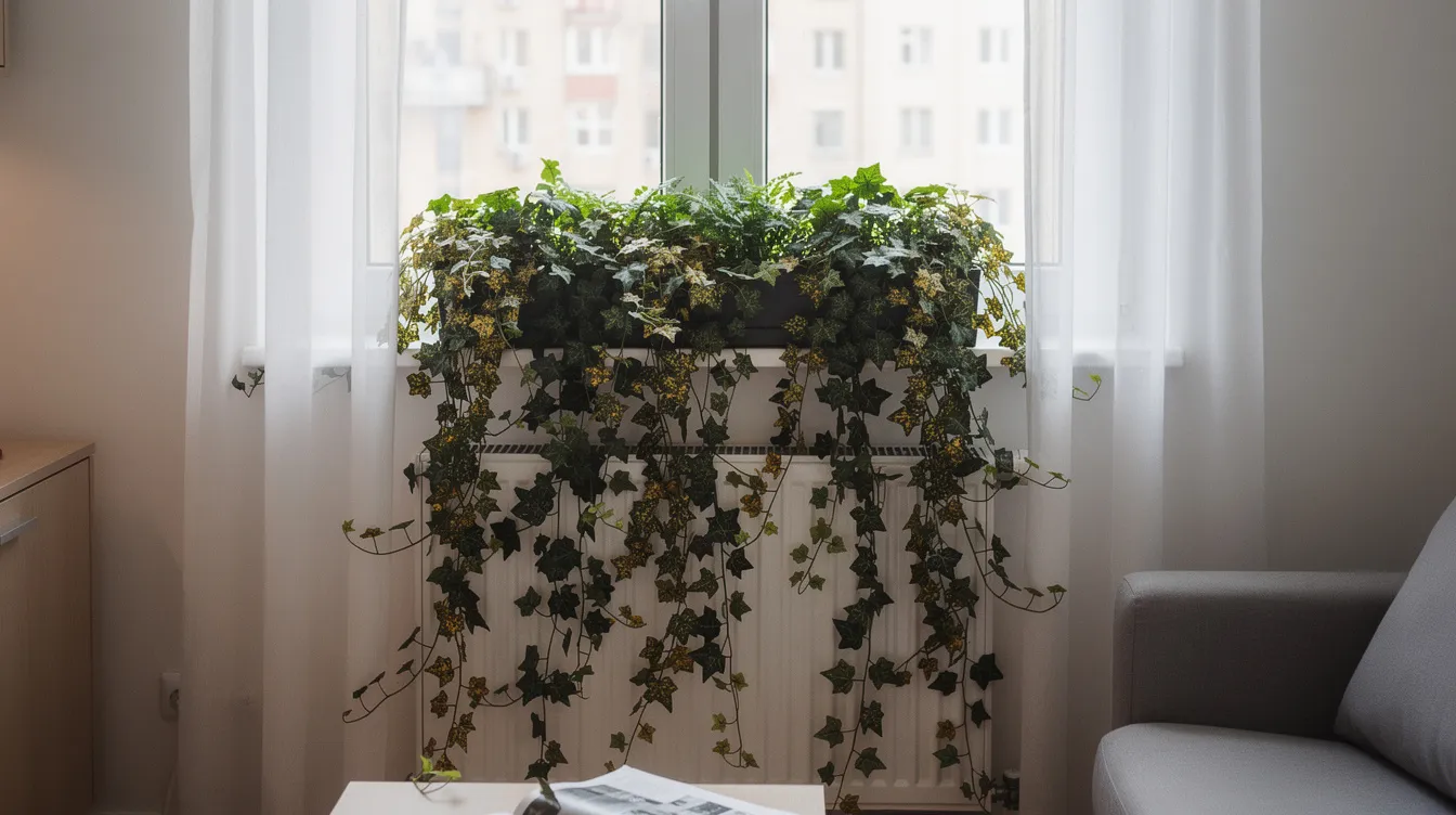 8a1a3ead836e4cda8f4c116fd0555f50 The image showcases a window box indoor garden featuring vibrant Hedera helix'Gold Dust' ivy plants with dark green leaves adorned with golden-yellow spots, creating a bright accent near a sunlit window. This arrangement highlights the beauty of miniature ivy in hanging baskets, ideal for maximizing space while providing the partial shade these popular houseplants prefer.