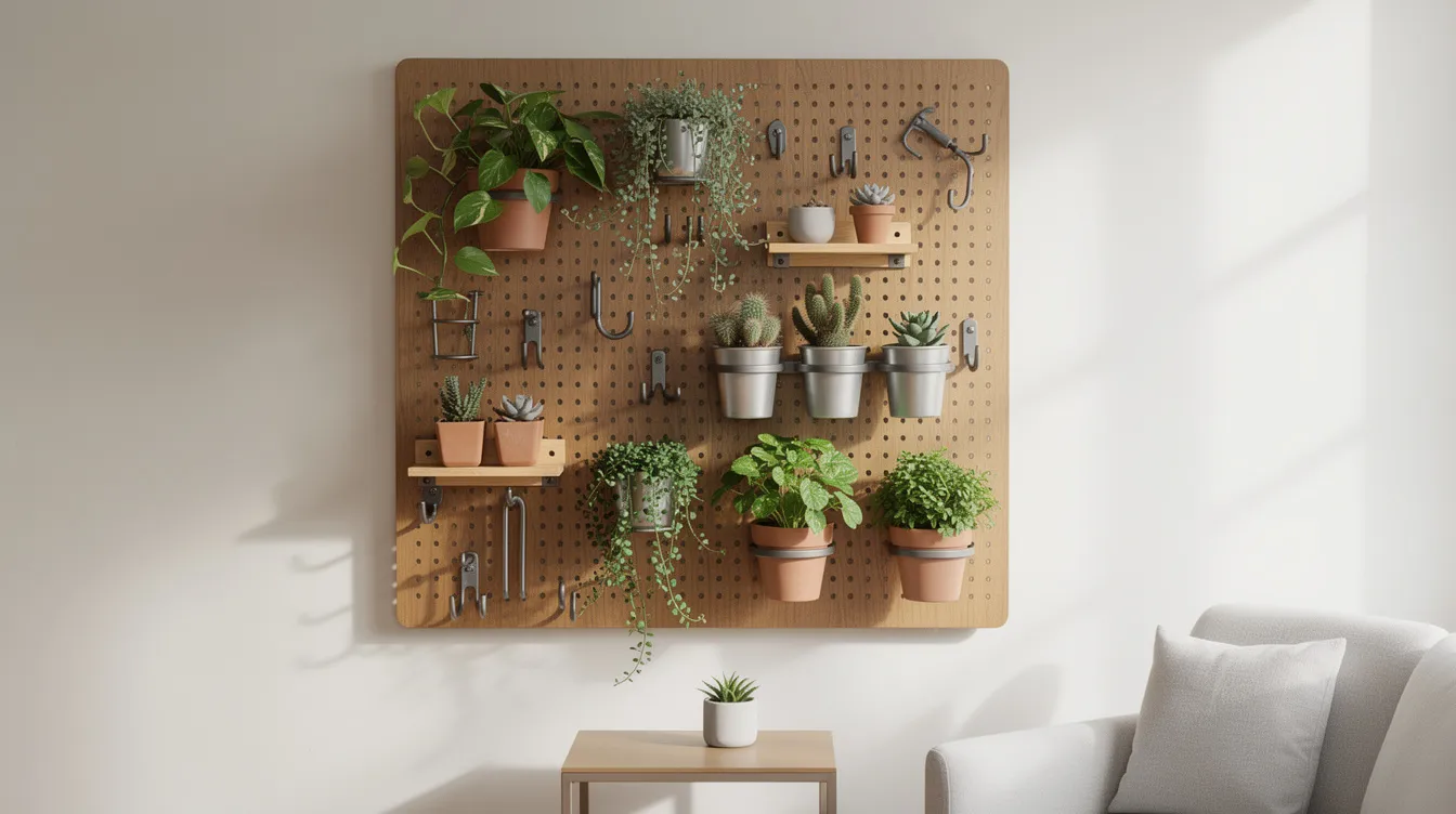 8ad566c290fa40138e259364d19d6b6e The image features a pegboard wall planter system designed for indoor use showcasing a variety of adjustable hooks and small shelf brackets that hold an assortment of planters filled with greenery This compact vertical garden idea is perfect for small spaces allowing enthusiasts to creatively display trailing plants and air plants while enhancing home decor