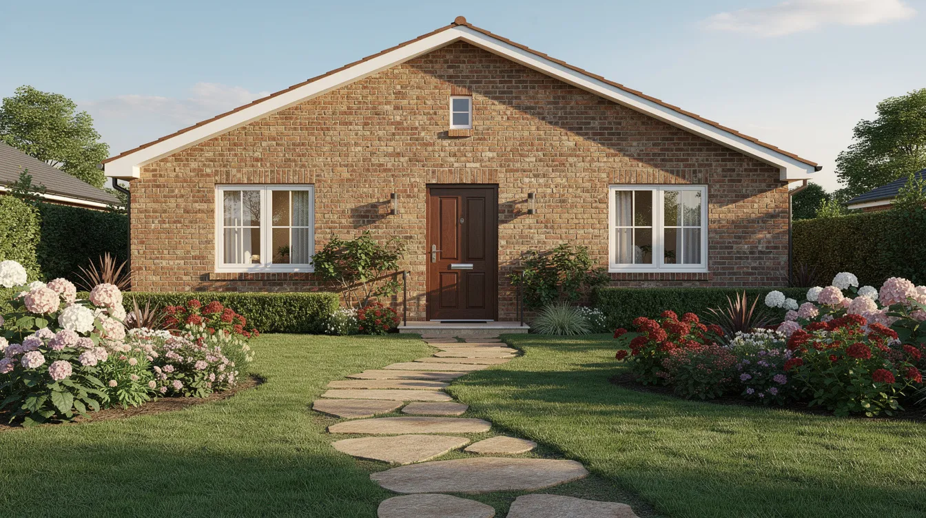 8b06e67724b9409b9a3f581d6b817132 A small brick house is surrounded by a beautifully landscaped garden featuring a stone pathway that leads to the elegant front door This charming home showcases the durability and aesthetic appeal of brick house plans making it an inspiring example for potential builders