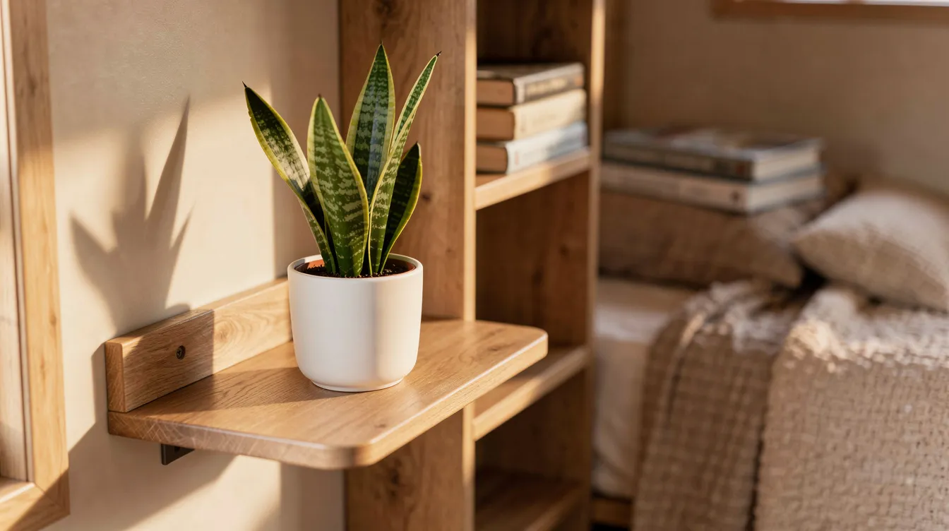 8ecbcc42fdbb457cb45c68090901db37 A small snake plant with green upright leaves sits in a ceramic pot on a narrow wooden shelf adding a touch of greenery to the cozy interior of a tiny home This low light tolerant plant thrives in the subtle natural light of the room making it an ideal choice for busy plant parents looking to enhance small spaces