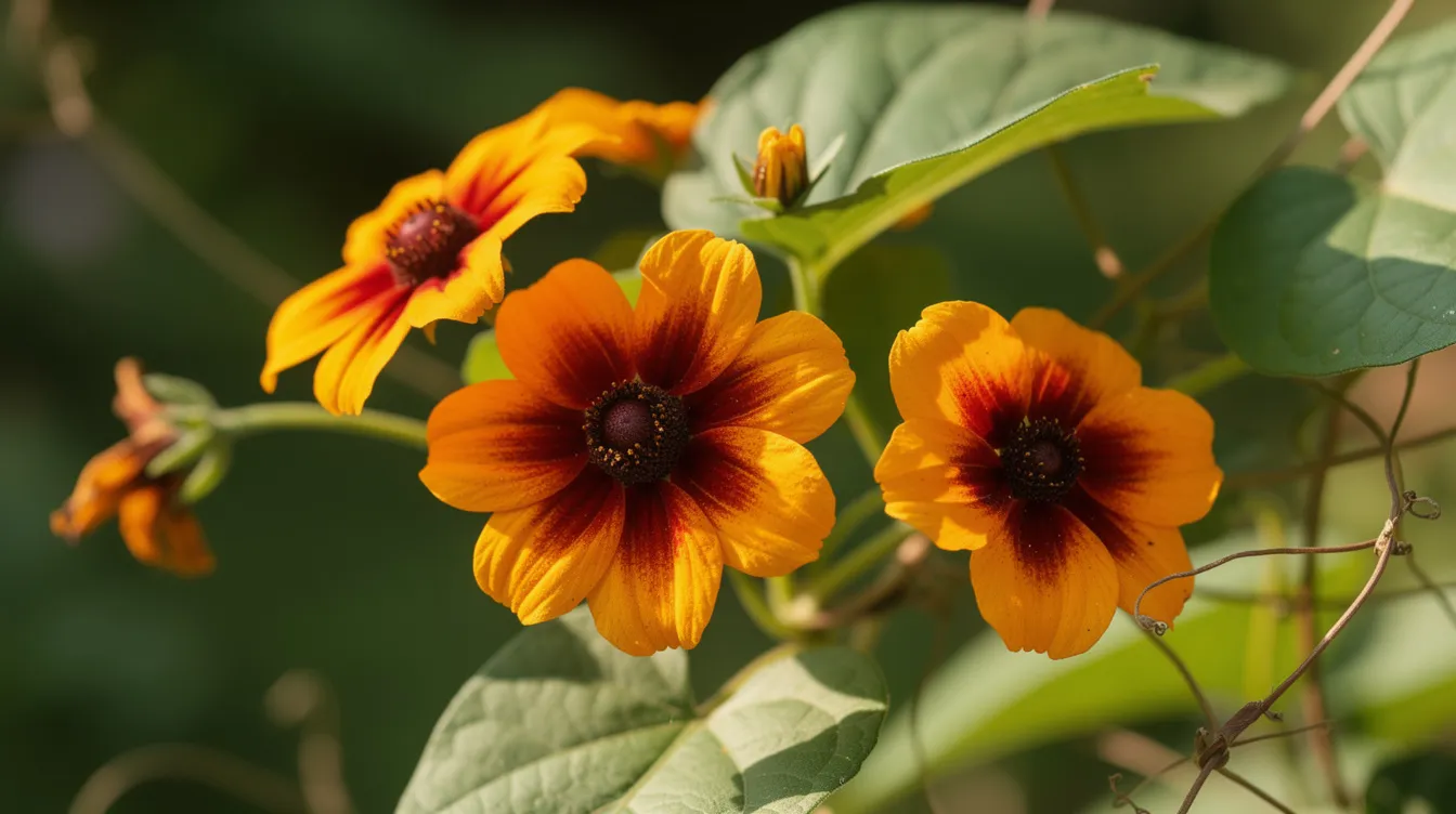 8f2b7c7cf90540b3a4810c8aec11e9c6 The image features a vibrant Black Eyed Susan Vine Thunbergia alata with its striking yellow and black tubular flowers showcasing its vigorous growth as it twines around a sturdy trellis This perennial vine thrives in sunny to partial shade locations making it an excellent choice for adding color and fragrance to gardens in warmer climates