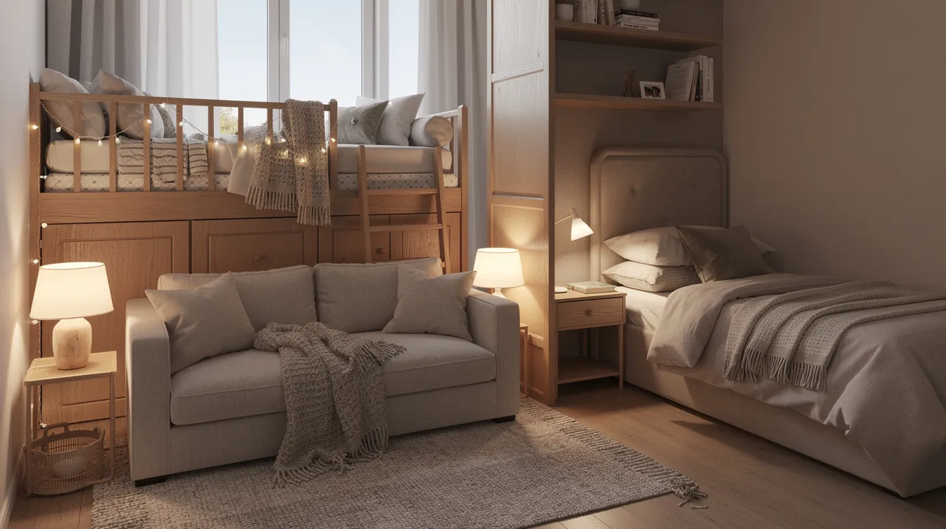 919e9836849a4f22b3e65bdbbb0b6254 The image showcases a cozy living and sleeping area in a tiny house featuring a comfortable sofa and a tucked away sleeping loft illuminated by natural light from the windows The small space is thoughtfully designed with inviting decor creating a charming atmosphere perfect for relaxation or game nights