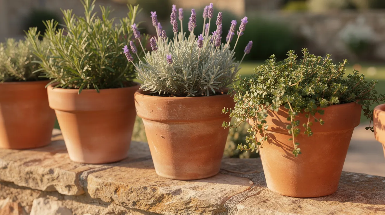 932687d1703045fcaa6bc8fba82d5e26 The image features terracotta pots filled with aromatic herbs including rosemary lavender and thyme arranged on a sunny stone ledge The vibrant green foliage thrives in direct sunlight creating a charming display perfect for container gardens