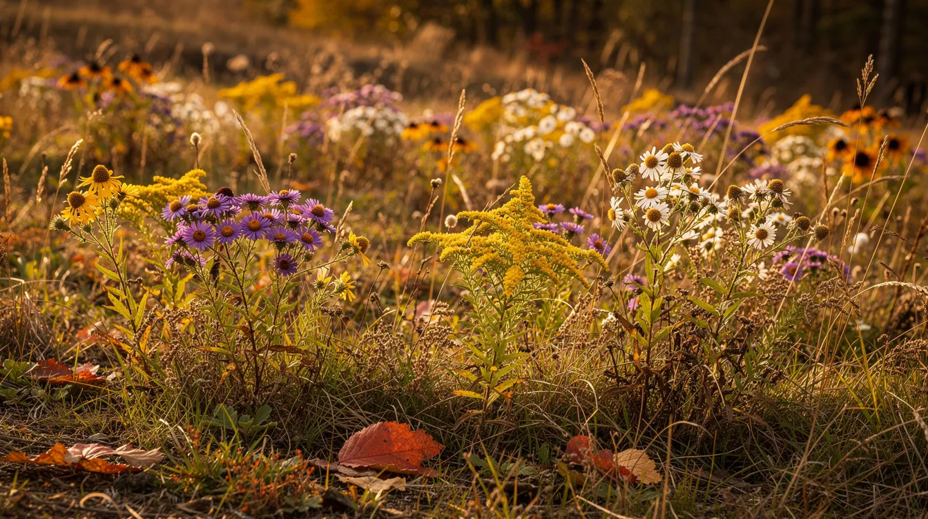 9486d4269600466d8ae1662d029ff9a6 The image showcases vibrant native autumn wildflower patches filled with a mix of colorful blooms including deep reds and bright oranges set against a backdrop of ornamental grasses like purple fountain grass This fall landscape is a perfect example of small home garden ideas for autumn featuring a variety of plants that add interest and beauty as the gardening season transitions to cooler temperatures