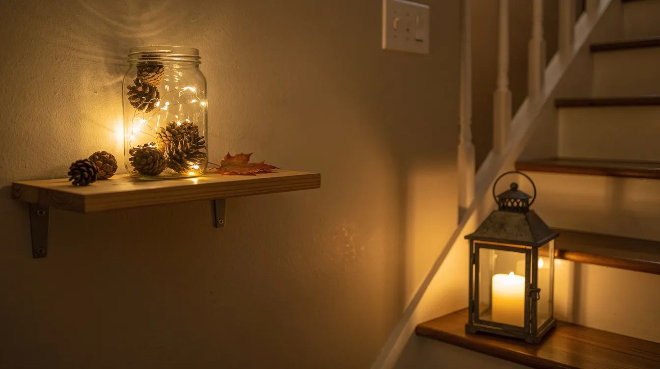 96b1d0ade22c46b1b22452ee5da77f76 The image features a cozy corner of a tiny home decorated for fall with warm LED lighting enhancing the inviting atmosphere A jar filled with micro fairy lights and pinecones sits on a floating shelf while a lantern with an LED pillar candle illuminates the space softly at the bottom of the stairs creating a perfect fall decor setup