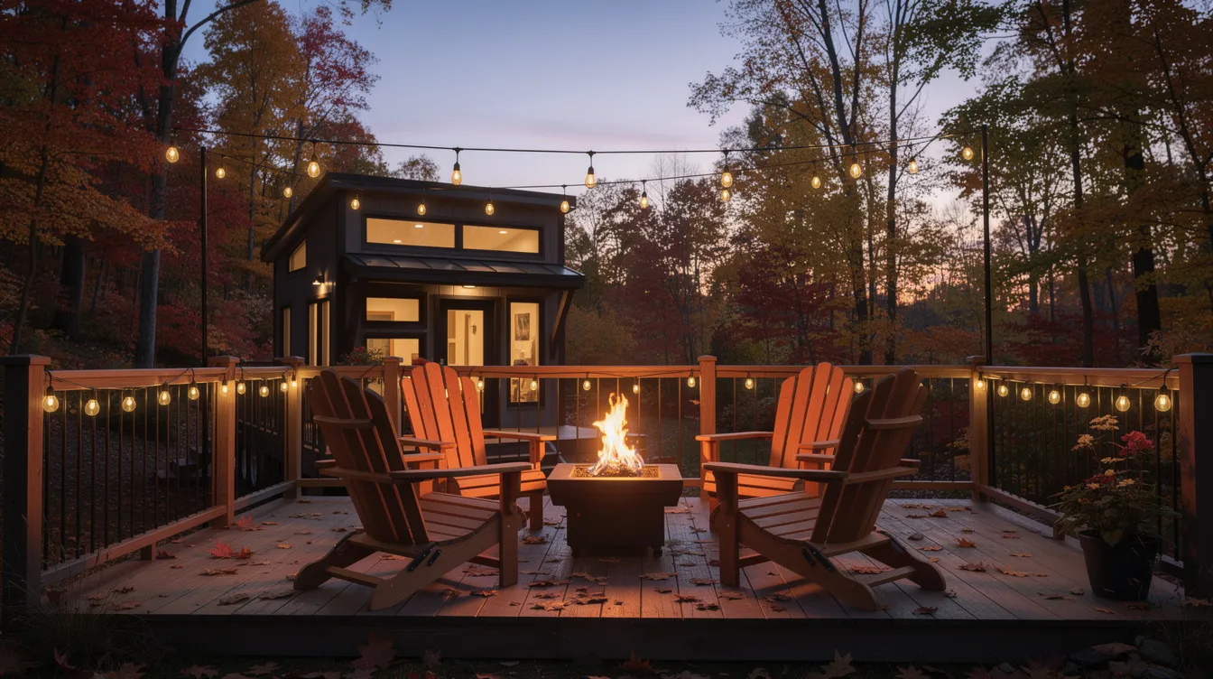 96eaf350a3444fd2bd1aaa11f96439d1 A cozy tiny house deck at dusk in October features string lights illuminating two Adirondack chairs surrounding a glowing propane firepit with vibrant autumn trees in the background This inviting outdoor space is perfect for relaxing and enjoying the crisp fall air