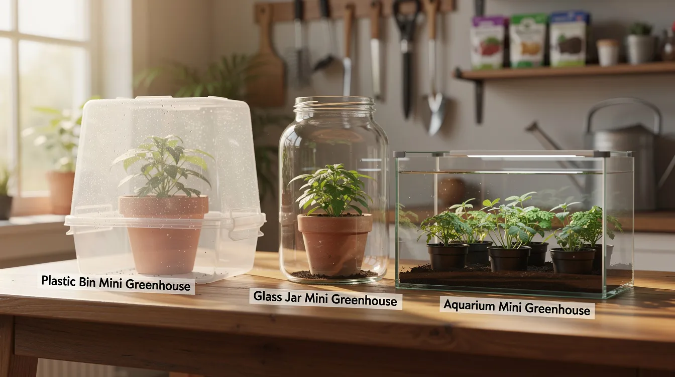 9c162afb011249f39df3c4ea69e8e2a9 The image depicts a creative mini greenhouse system using clear plastic containers such as storage bins and glass jars placed over individual pots to create a protective micro climate for growing plants This innovative approach allows gardeners to extend their growing season and protect seedlings from colder weather