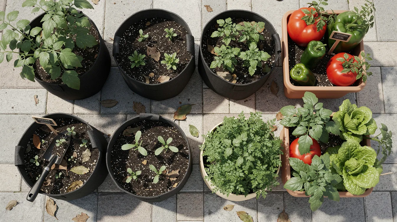 9c30684ab83c4602a1a606cb46d475aa An overhead view of a small patio showcases several containers and fabric pots filled with various vegetables at different growth stages including lettuce peppers and cucumbers perfect for Houston gardens This vibrant arrangement highlights the importance of planting dates and soil temperature for successful crops throughout the seasons