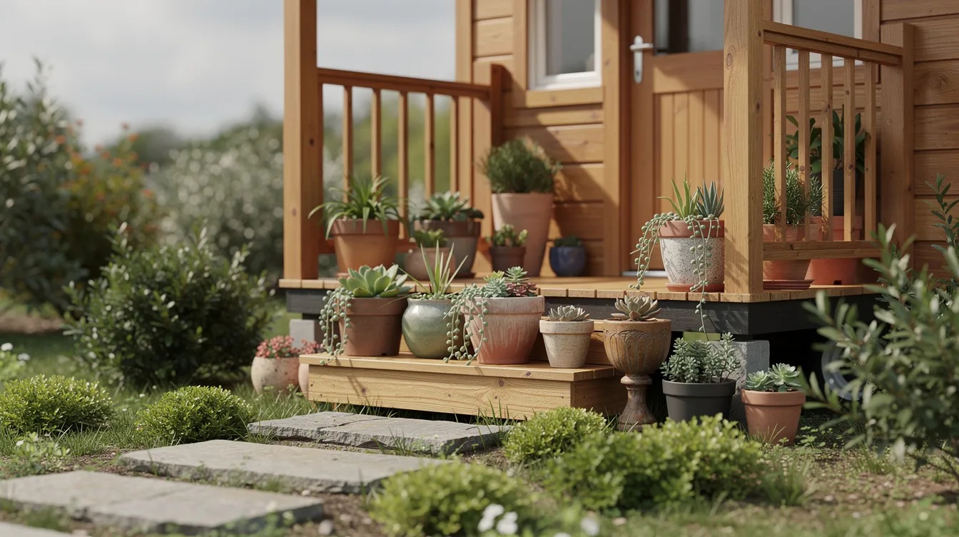 9c616593eae044f390228d7266ee17c6 A charming collection of small potted plants is beautifully arranged on a wooden porch of a tiny house surrounded by stepping stones and lush greenery This small garden showcases creative ways to utilize tiny spaces featuring a variety of plants that add dimension and beauty to the area
