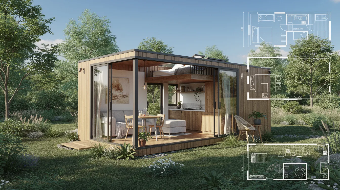 9d7d198e0c7b410ea9a6cb800c5f65cc The image showcases a beautifully designed tiny house plan featuring open air living spaces that seamlessly blend indoor and outdoor elements Warm woods and large windows create a bright airy atmosphere while a cozy dining room and a courtyard invite family gatherings in this charming abode