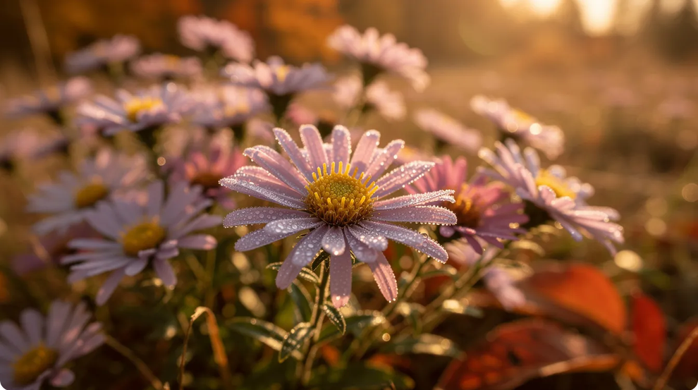 Asters The image features vibrant fall blooming asters showcasing a mix of purple pink and orange flowers amidst lush green foliage These hardy perennials thrive in well drained soil making them an excellent choice for Oklahoma gardens and mixed borders attracting butterflies and bees throughout the growing season