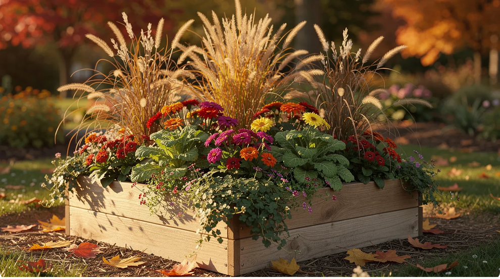 Blooms A small raised garden bed showcases a vibrant mix of fall flowers including orange and purple blooms surrounded by lush green foliage and ornamental grasses all illuminated by the warm autumn light This compact garden design is perfect for attracting butterflies and bees while thriving in Oklahoma gardens