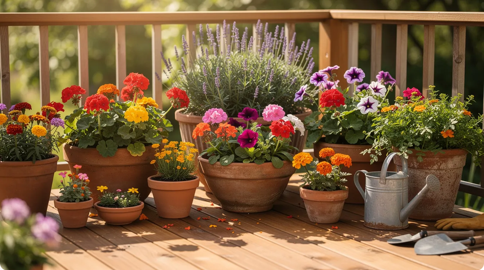 Fall flowers The image depicts a charming small patio garden featuring a variety of colorful fall flowers in terracotta containers of different sizes all arranged neatly on a wooden deck The vibrant blooms alongside lush green foliage create an inviting atmosphere perfect for enjoying the outdoors in Oklahoma gardens