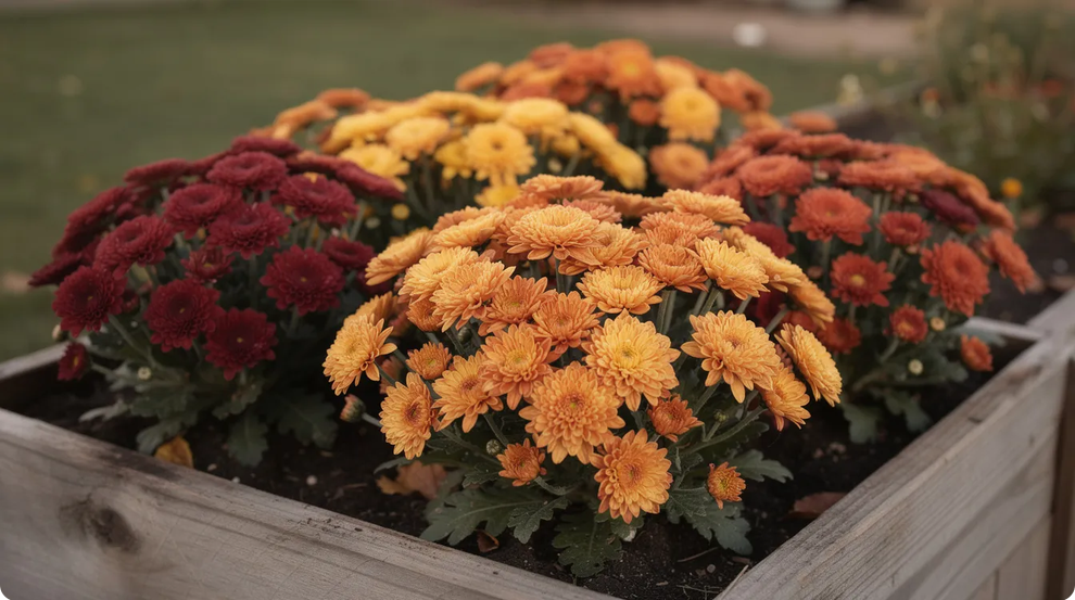 Garden mums A vibrant cluster of garden mums in various fall colors including orange pink and purple is arranged in a small raised bed garden surrounded by green foliage This display of fall flowers showcases the beauty of autumn in Oklahoma gardens making it an excellent choice for a low maintenance bedding plant