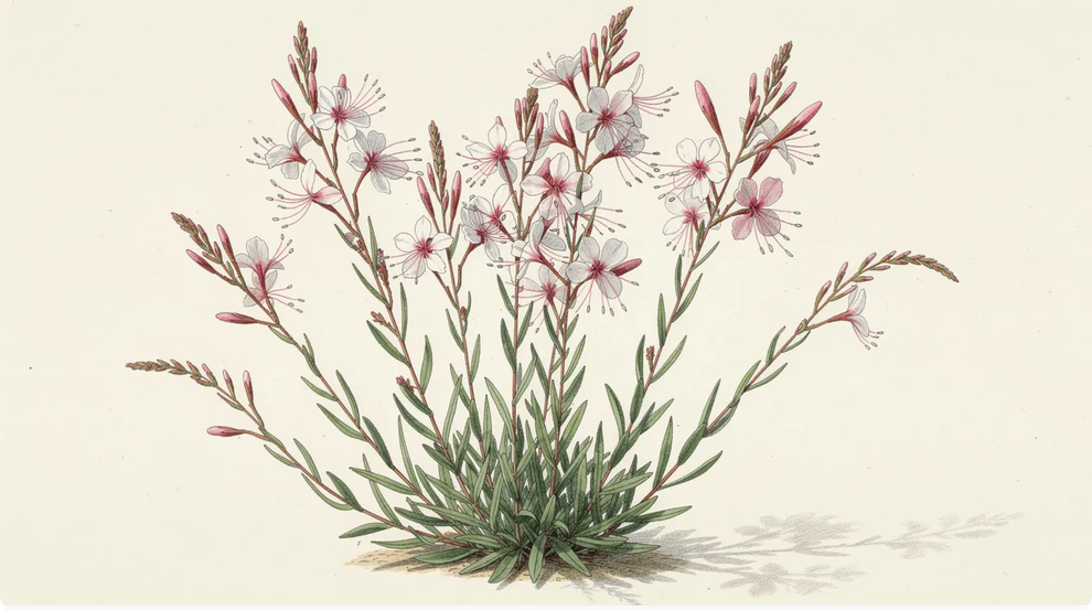 Gaura The image features Gaura Oenothera lindheimeri a compact perennial plant with delicate pink and white blooms surrounded by lush green foliage This hardy plant thrives in well drained soil and is ideal for Oklahoma gardens attracting butterflies and bees throughout the growing season