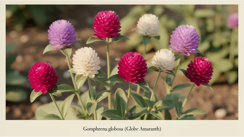 Globosa The image features vibrant Globe Amaranth Gomphrena globosa plants with compact green foliage and bright orange flowers thriving in a well drained soil garden setting These hardy perennials are excellent for fall flowers in Oklahoma gardens attracting butterflies and adding color to mixed borders during the growing season