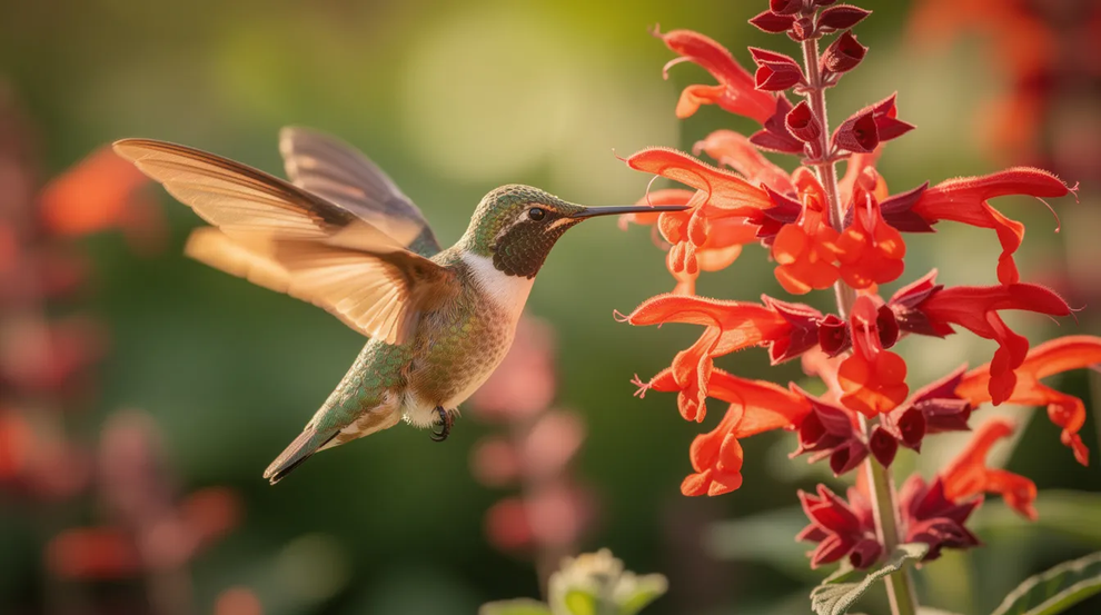 Hummingbird A vibrant hummingbird hovers near bright red tubular sage flowers in a lush garden surrounded by green foliage The scene captures the beauty of fall flowers in Oklahoma showcasing the hummingbird's attraction to these hardy, drought-tolerant plants.
