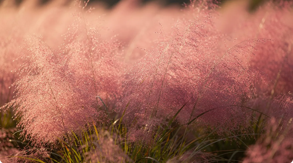 Pink flowers The image features a lush display of Pink Muhly Grass characterized by its delicate pink flower plumes swaying gently above green foliage This drought tolerant perennial is commonly found in Oklahoma gardens adding vibrant color to the landscape during the fall season