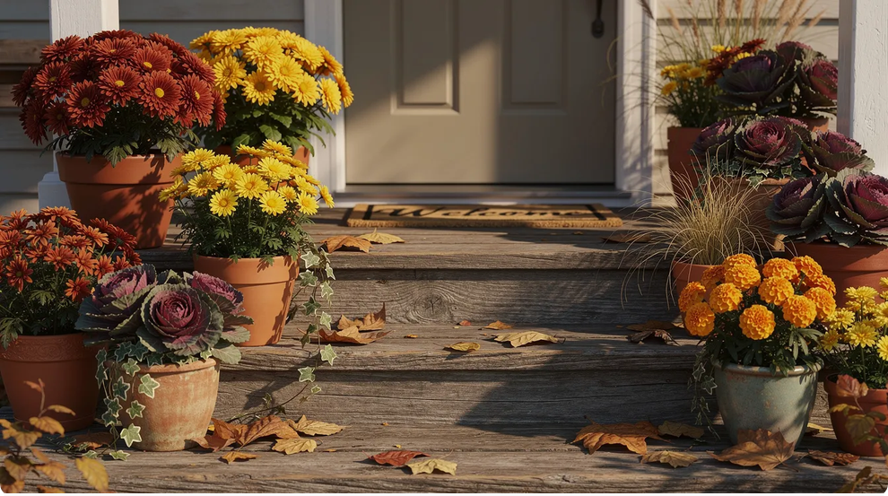Pot plants The image features potted plants adorned with vibrant fall flowers including shades of orange and purple arranged on wooden steps that lead to a cozy home entrance The scene captures the essence of autumn in Oklahoma gardens showcasing colorful blooms against a backdrop of green foliage