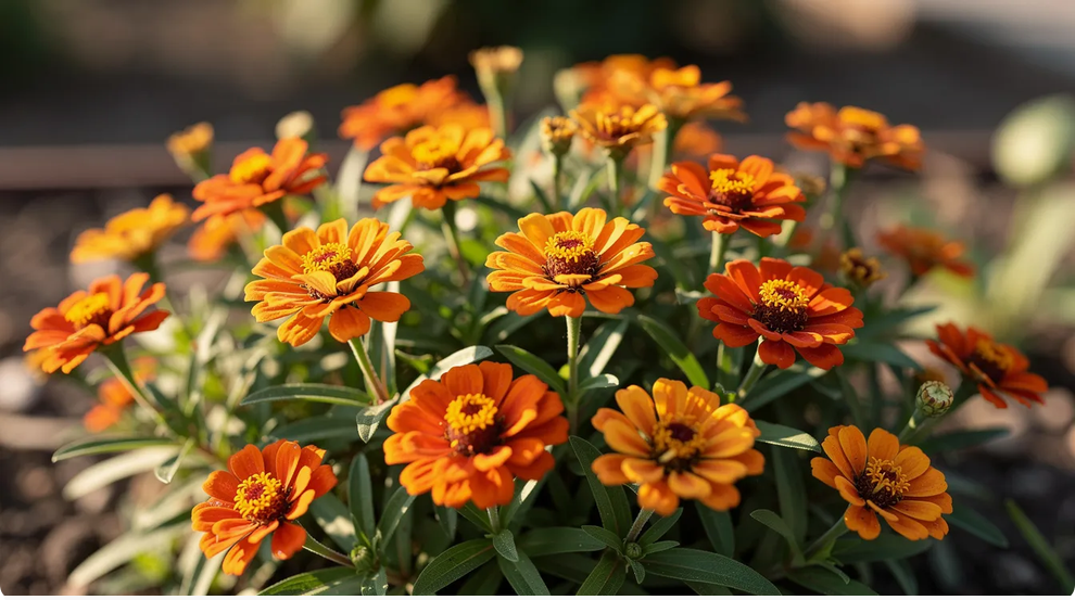 Zinnia The image features vibrant Mexican Zinnia Zinnia angustifolia plants showcasing bright orange flowers amidst lush green foliage ideal for Oklahoma gardens These compact drought tolerant bedding plants thrive in well drained soil and are known to attract butterflies and bees during the growing season